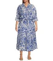 Calessa Plus Size Coordinating Antique Floral Print Embroidered Eyelet Hem Tiered Pull-On Skirt