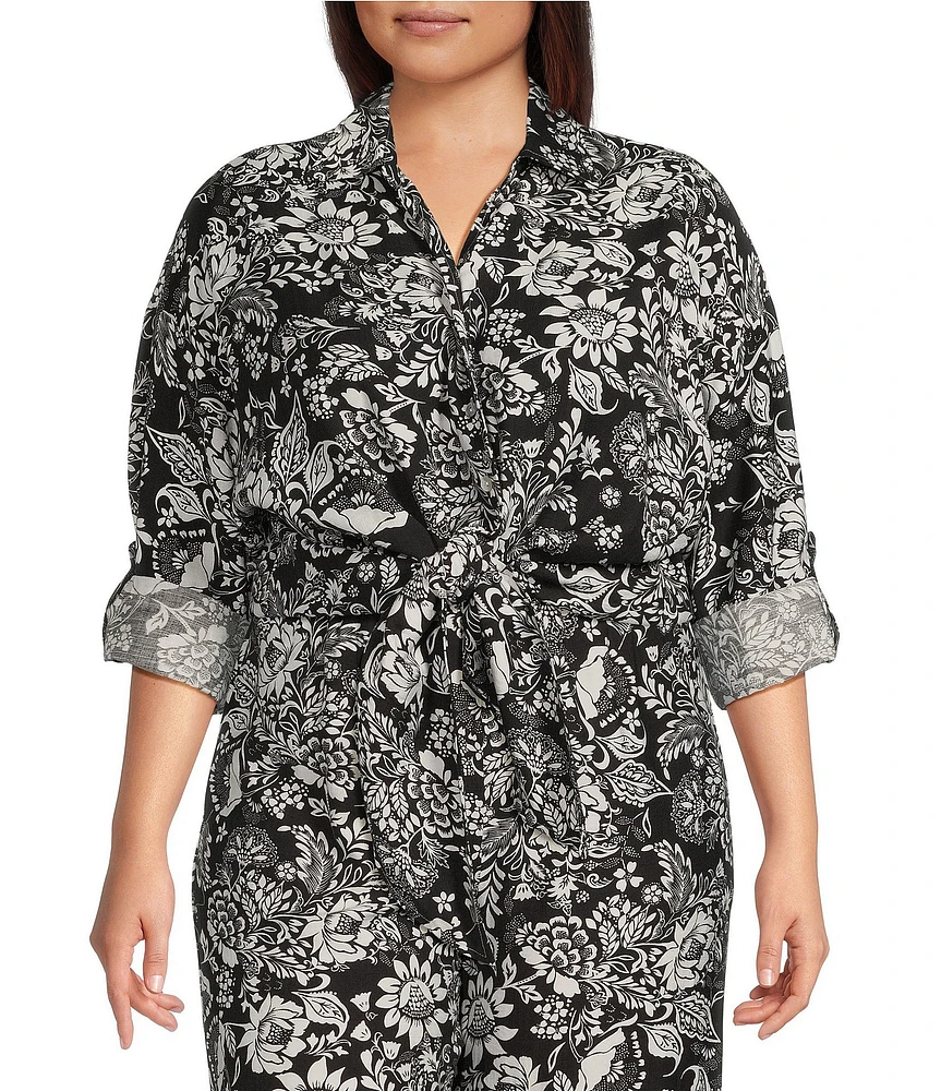 Calessa Plus Size Coordinating Garden Floral Point Collar Long Sleeve Tie-Front Blouse