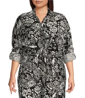 Calessa Plus Size Coordinating Garden Floral Point Collar Long Sleeve Tie-Front Blouse