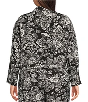Calessa Plus Size Coordinating Garden Floral Point Collar Long Sleeve Tie-Front Blouse