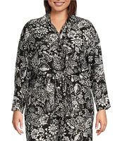 Calessa Plus Size Coordinating Garden Floral Point Collar Long Sleeve Tie-Front Blouse