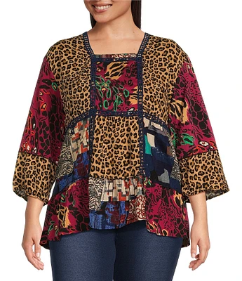 Calessa Plus Size Patchwork Printed Square Neck 3/4 Sleeve Top