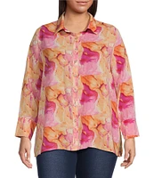 Calessa Plus Size Desert Floral Print Point Collar Long Sleeve Button Front Shirt
