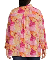 Calessa Plus Size Desert Floral Print Point Collar Long Sleeve Button Front Shirt