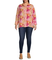 Calessa Plus Size Desert Floral Print Point Collar Long Sleeve Button Front Shirt