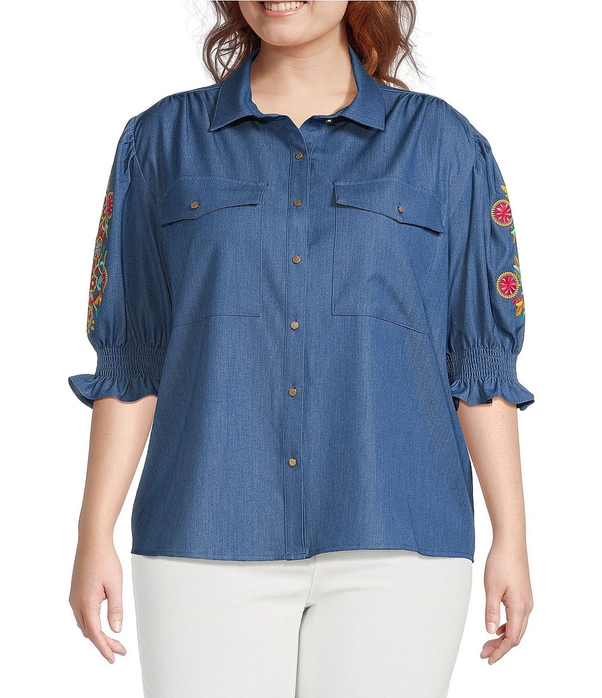 Calessa Plus Size Embroidered 3/4 Sleeve Point Collar Button Front Shirt