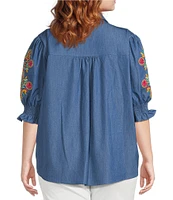 Calessa Plus Size Embroidered 3/4 Sleeve Point Collar Button Front Shirt
