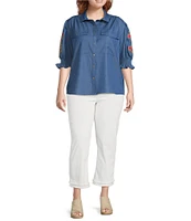 Calessa Plus Size Embroidered 3/4 Sleeve Point Collar Button Front Shirt