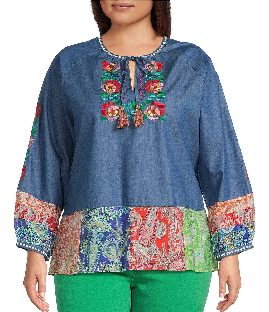 Calessa Plus Size Embroidered Border Patchwork Tassel Tie Keyhole Neck Wrist Length Sleeve Tunic