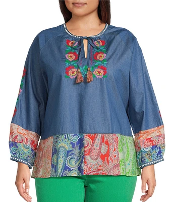 Calessa Plus Size Embroidered Border Patchwork Tassel Tie Keyhole Neck Wrist Length Sleeve Tunic