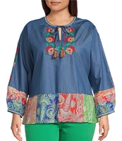 Calessa Plus Size Embroidered Border Patchwork Tassel Tie Keyhole Neck Wrist Length Sleeve Tunic