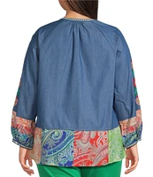 Calessa Plus Size Embroidered Border Patchwork Tassel Tie Keyhole Neck Wrist Length Sleeve Tunic