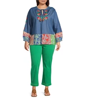 Calessa Plus Size Embroidered Border Patchwork Tassel Tie Keyhole Neck Wrist Length Sleeve Tunic