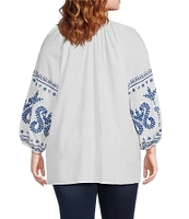 Calessa Plus Size Embroidered Crew Neck 3/4 Sleeve Tunic