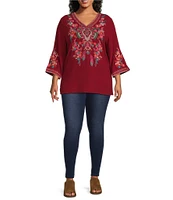 Calessa Plus Size Embroidered Crinkle V-Neck 3/4 Sleeve Tunic