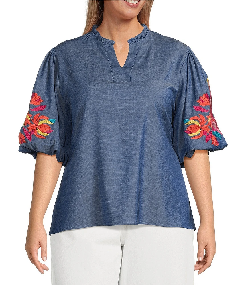 Calessa Plus Size Embroidered Elbow Sleeve Ruffle Mock Neck Tunic