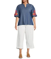 Calessa Plus Size Embroidered Elbow Sleeve Ruffle Mock Neck Tunic