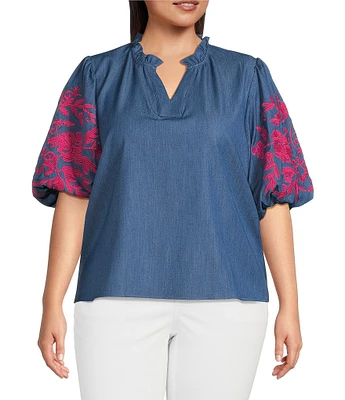 Calessa Plus Size Embroidered Elbow Sleeve Split V-Neck Tunic