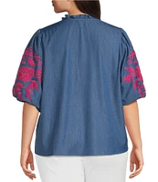 Calessa Plus Size Embroidered Elbow Sleeve Split V-Neck Tunic