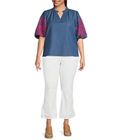 Calessa Plus Size Embroidered Elbow Sleeve Split V-Neck Tunic