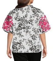 Calessa Plus Size Embroidered Forest Floral Split V-Neck Short Balloon Sleeve Tunic