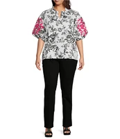Calessa Plus Size Embroidered Forest Floral Split V-Neck Short Balloon Sleeve Tunic