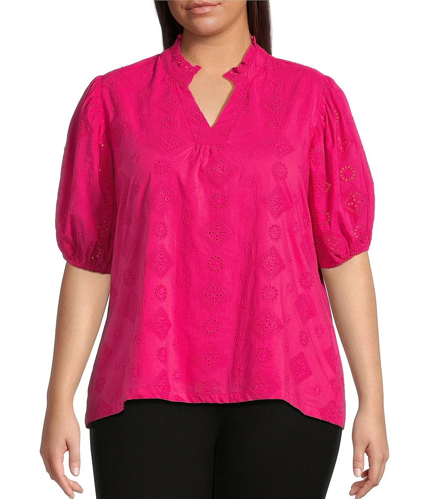 Calessa Plus Size Embroidered High Ruffled Split V-Neck Short Puff Sleeve Tunic