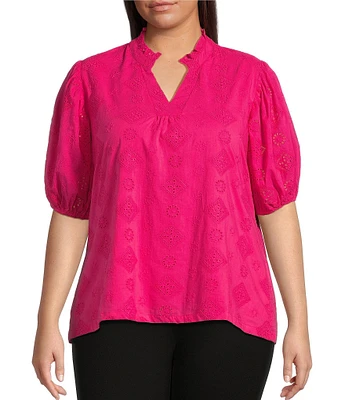 Calessa Plus Size Embroidered High Ruffled Split V-Neck Short Puff Sleeve Tunic