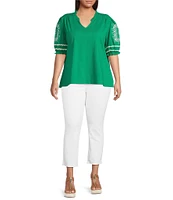 Calessa Plus Size Embroidered Knit Split V-Neck Short Sleeve Tunic