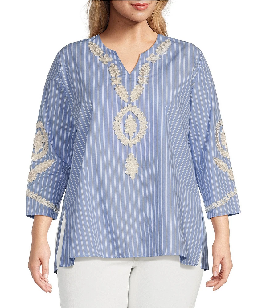 Calessa Plus Size Embroidered Patchwork Pinstripe Split V-Neck 3/4 Sleeve Tunic