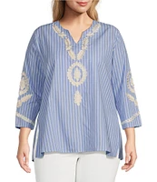 Calessa Plus Size Embroidered Patchwork Pinstripe Split V-Neck 3/4 Sleeve Tunic