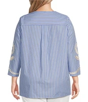 Calessa Plus Size Embroidered Patchwork Pinstripe Split V-Neck 3/4 Sleeve Tunic