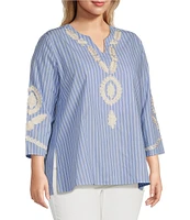 Calessa Plus Size Embroidered Patchwork Pinstripe Split V-Neck 3/4 Sleeve Tunic