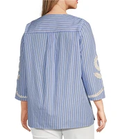 Calessa Plus Size Embroidered Patchwork Pinstripe Split V-Neck 3/4 Sleeve Tunic