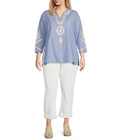 Calessa Plus Size Embroidered Patchwork Pinstripe Split V-Neck 3/4 Sleeve Tunic