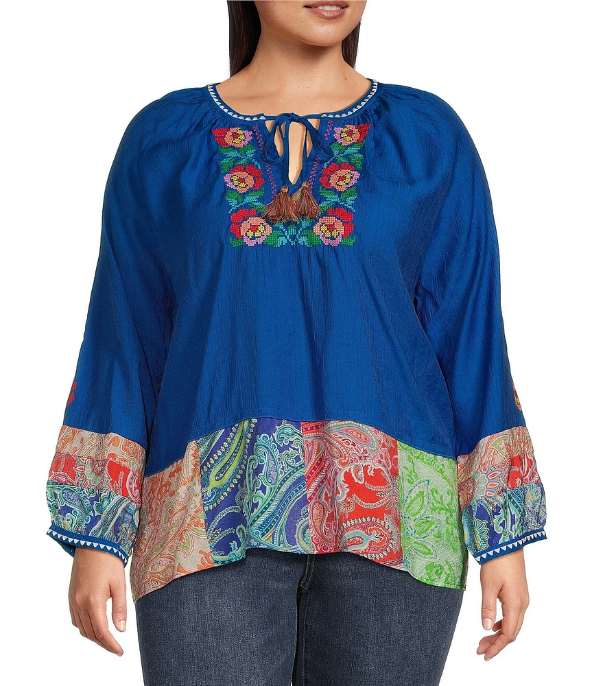 Calessa Plus Size Embroidered Patchwork Print Split V-Neck 3/4 Sleeve Tassel Tie Top