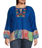 Calessa Plus Size Embroidered Patchwork Print Split V-Neck 3/4 Sleeve Tassel Tie Top