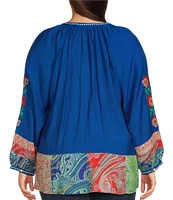 Calessa Plus Size Embroidered Patchwork Print Split V-Neck 3/4 Sleeve Tassel Tie Top