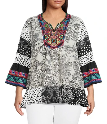 Calessa Plus Size Embroidered Patchwork Print Split V-Neck 3/4 Sleeve Tunic