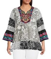 Calessa Plus Size Embroidered Patchwork Print Split V-Neck 3/4 Sleeve Tunic