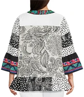 Calessa Plus Size Embroidered Patchwork Print Split V-Neck 3/4 Sleeve Tunic