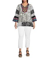 Calessa Plus Size Embroidered Patchwork Print Split V-Neck 3/4 Sleeve Tunic