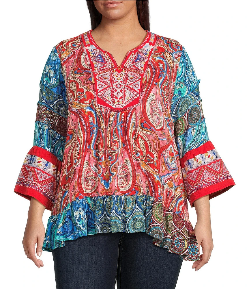 Calessa Plus Size Embroidered Patchwork Print Split V-Neck 3/4 Sleeve Tunic