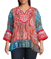 Calessa Plus Size Embroidered Patchwork Print Split V-Neck 3/4 Sleeve Tunic
