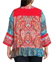 Calessa Plus Size Embroidered Patchwork Print Split V-Neck 3/4 Sleeve Tunic