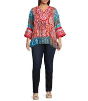 Calessa Plus Size Embroidered Patchwork Print Split V-Neck 3/4 Sleeve Tunic