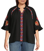 Calessa Plus Size Embroidered Patchwork Ruffle Split V-Neck 3/4 Sleeve Tunic