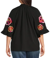 Calessa Plus Size Embroidered Patchwork Ruffle Split V-Neck 3/4 Sleeve Tunic