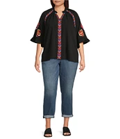 Calessa Plus Size Embroidered Patchwork Ruffle Split V-Neck 3/4 Sleeve Tunic