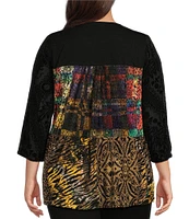 Calessa Plus Size Embroidered Patchwork Split Round Neck 3/4 Sleeve Velvet Burnout Tunic